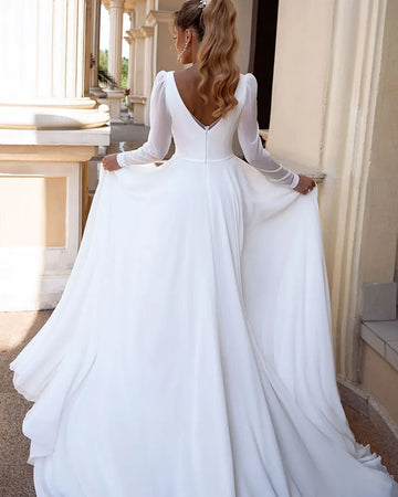 Runhufu Boho V-Neck Wedding Dress For Women Long Sleeves Pleats A-Line Simple Chiffon Bride Gown Sweep Train Vestido de Novia